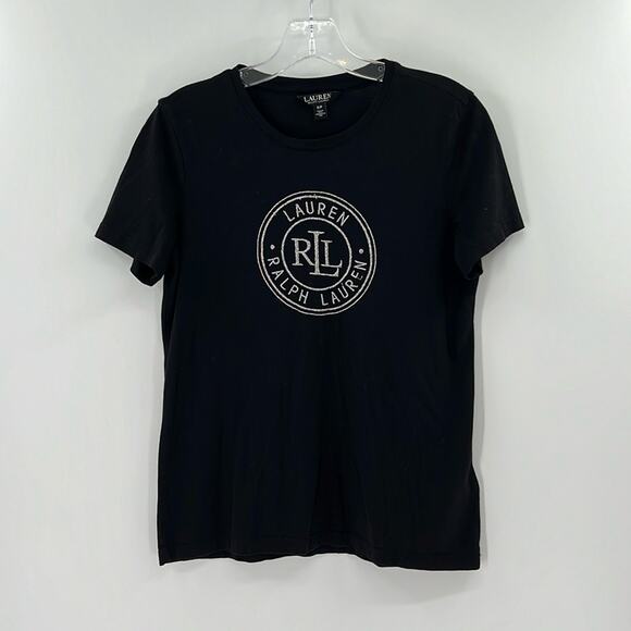 Lauren Ralph Lauren Metallic Logo Short Sleeve Tee - Black/Silver - Small - Picture 1 of 5